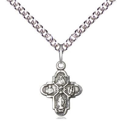 4 Way Medal Necklace - Sterling Silver - 1/2 Inch Tall by 3/8 Inch Wide with 24" Chain