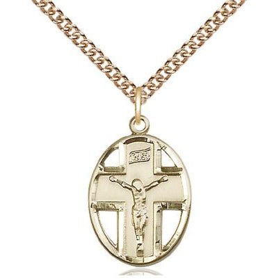 Crucifix Medal Necklace - 14K Gold Filled - 3/4 Inch Tall x 1/2 Inch Wide with 24" Chain