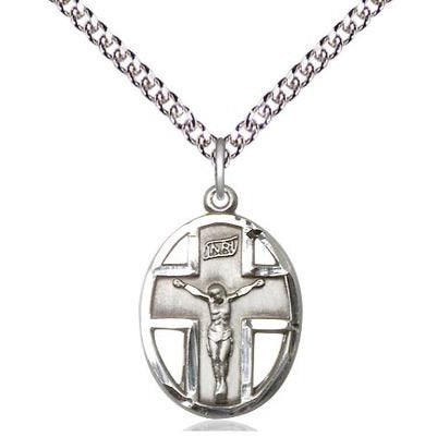 Crucifix Medal Necklace - Sterling Silver - 3/4 Inch Tall x 1/2 Inch Wide with 24" Chain