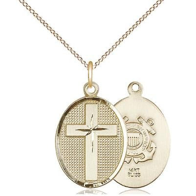 Cross Coast Guard Medal Necklace - 14K Gold - 7/8 Inch Tall x 1/2 Inch Wide with 18" Chain