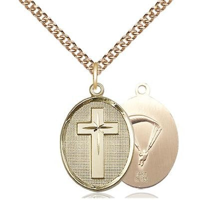Cross Paratroopers Medal Necklace - 14K Gold - 3/4 Inch Tall x 7/8 Inch Wide with 24" Chain