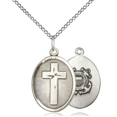 Cross Coast Guard Medal Necklace - Sterling Silver - 7/8 Inch Tall x 1/2 Inch Wide with 18" Chain