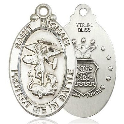 St. Michael Air Force Medal Necklace - Sterling Silver - 1-1/8 Inch Tall x 5/8 Inch Wide with 24" Chain