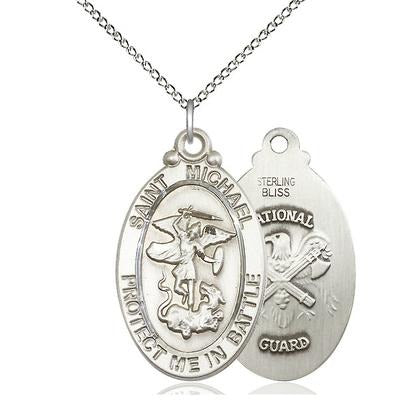 St. Michael National Guard Medal Necklace - Sterling Silver - 1-1/8 Inch Tall x 5/8 Inch Wide with 18" Chain