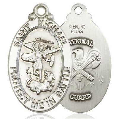 St. Michael National Guard Medal Necklace - Sterling Silver - 1-1/8 Inch Tall x 5/8 Inch Wide with 18" Chain