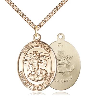 St. Michael Army Medal Necklace - 14K Gold - 1 Inch Tall x 5/8 Inch Wide with 24" Chain