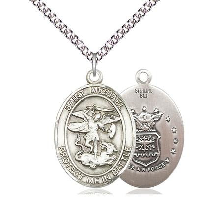 St. Michael Air Force Medal Necklace - Sterling Silver - 1 Inch Tall x 5/8 Inch Wide with 24" Chain