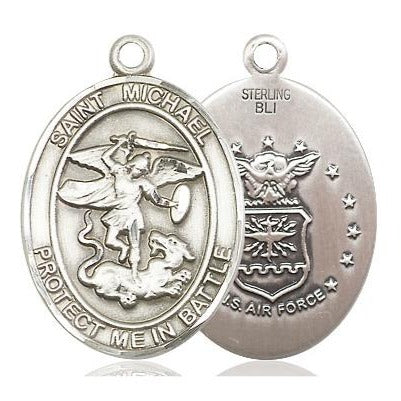 St. Michael Air Force Medal Necklace - Sterling Silver - 1 Inch Tall x 5/8 Inch Wide with 24" Chain