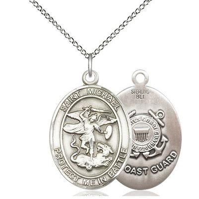 St. Michael Coast Guard Medal Necklace - Sterling Silver - 1 Inch Tall x 5/8 Inch Wide with 18" Chain