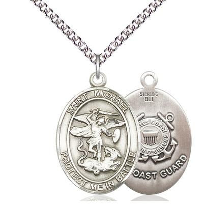 St. Michael Coast Guard Medal Necklace - Sterling Silver - 1 Inch Tall x 5/8 Inch Wide with 24" Chain