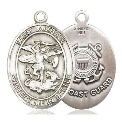 St. Michael Coast Guard Medal Necklace - Sterling Silver - 1 Inch Tall x 5/8 Inch Wide with 24" Chain