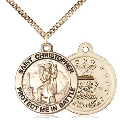 St. Christopher Air Force Medal Necklace - 14K Gold Filled - 1 Inch Tall x 1-5/8 Inch Wide with 24" Chain
