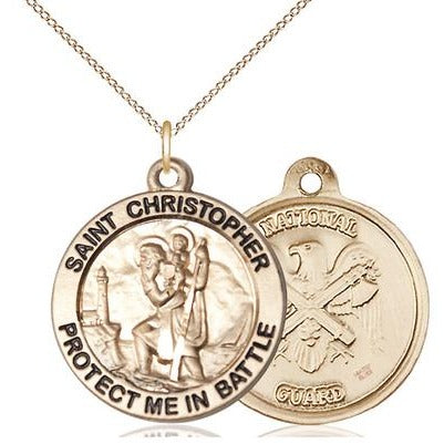 St. Christopher National Guard Medal Necklace - 14K Gold Filled - 1 Inch Tall x 1-5/8 Inch Wide with 18" Chain
