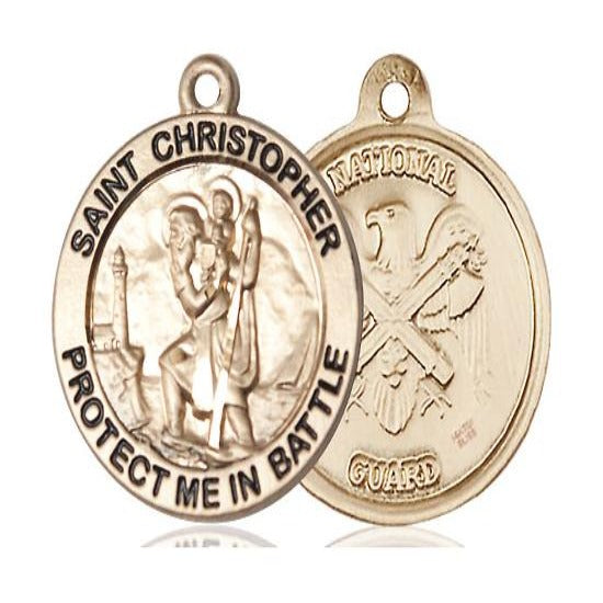 St. Christopher National Guard Medal Necklace - 14K Gold Filled - 1 Inch Tall x 1-5/8 Inch Wide with 18" Chain