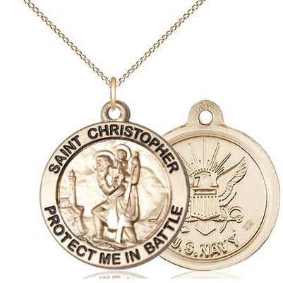 St. Christopher Navy Medal Necklace - 14K Gold Filled - 1 Inch Tall x 1-5/8 Inch Wide with 18" Chain
