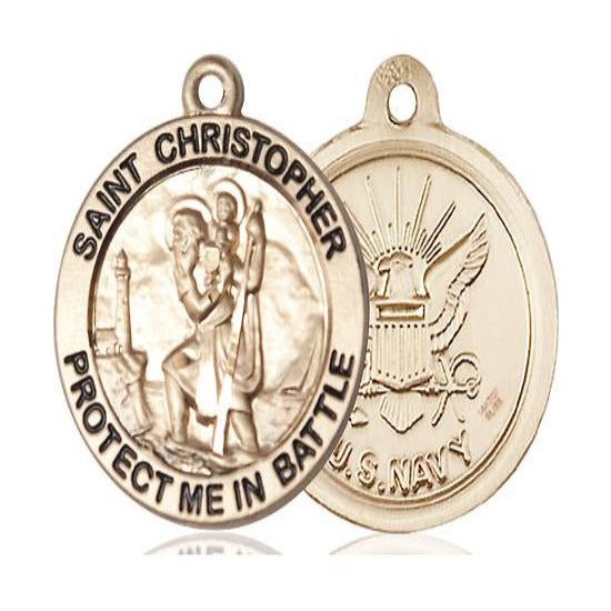 St. Christopher Navy Medal Necklace - 14K Gold Filled - 1 Inch Tall x 1-5/8 Inch Wide with 18" Chain