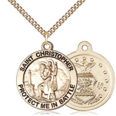 St. Christopher Air Force Medal Necklace - 14K Gold - 1 Inch Tall x 1-5/8 Inch Wide with 24" Chain