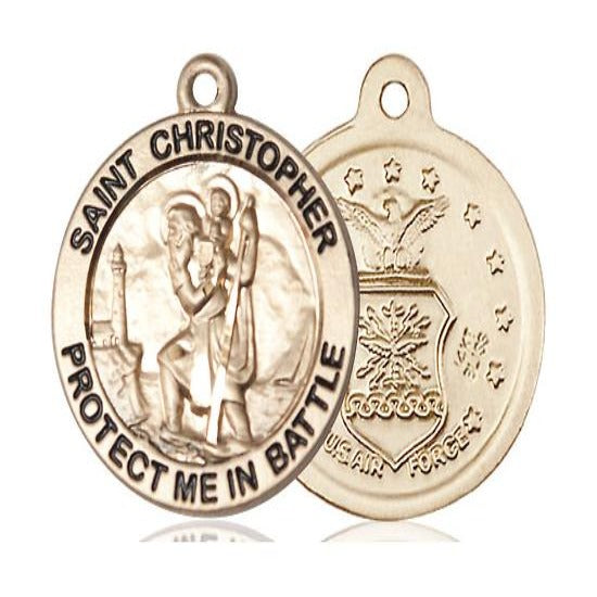 St. Christopher Air Force Medal Necklace - 14K Gold - 1 Inch Tall x 1-5/8 Inch Wide with 24" Chain