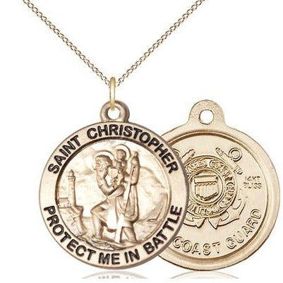 St. Christopher Coast Guard Medal Necklace - 14K Gold - 1 Inch Tall x 1-5/8 Inch Wide with 18" Chain