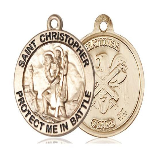 St. Christopher National Guard Medal Necklace - 14K Gold - 1 Inch Tall x 1-5/8 Inch Wide with 24" Chain