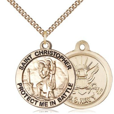 St. Christopher Navy Medal Necklace - 14K Gold - 1 Inch Tall x 1-5/8 Inch Wide with 24" Chain