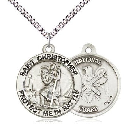 St. Christopher National Guard Medal Necklace - Sterling Silver - 1 Inch Tall x 1-5/8 Inch Wide with 24" Chain
