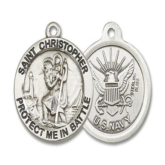 St. Christopher Navy Medal - Sterling Silver - 1 Inch Tall x 1-5/8 Inch Wide