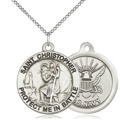 St. Christopher Navy Medal Necklace - Sterling Silver - 1 Inch Tall x 1-5/8 Inch Wide with 18" Chain