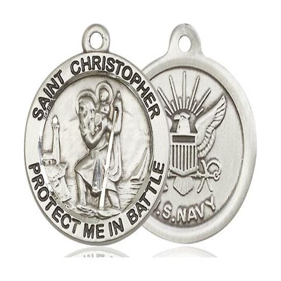 St. Christopher Navy Medal Necklace - Sterling Silver - 1 Inch Tall x 1-5/8 Inch Wide with 24" Chain
