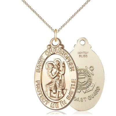 St. Christopher Coast Guard Medal Necklace - 14K Gold Filled - 1-1/8 Inch Tall x 1-1/4 Inch Wide with 18" Chain