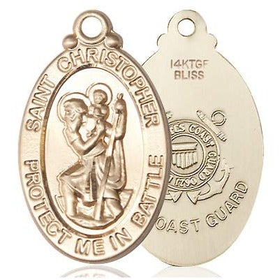 St. Christopher Coast Guard Medal Necklace - 14K Gold Filled - 1-1/8 Inch Tall x 1-1/4 Inch Wide with 18" Chain