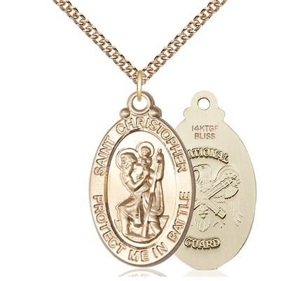 St. Christopher National Guard Medal Necklace - 14K Gold Filled - 1-1/8 Inch Tall x 1-1/4 Inch Wide with 24" Chain