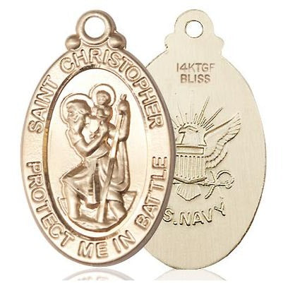 St. Christopher Navy Medal Necklace - 14K Gold Filled - 1-1/8 Inch Tall x 1-1/4 Inch Wide with 24" Chain