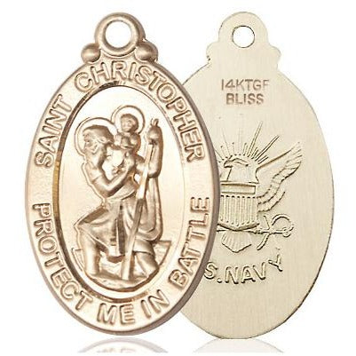 St. Christopher Navy Medal Necklace - 14K Gold Filled - 1-1/8 Inch Tall x 1-1/4 Inch Wide with 18" Chain