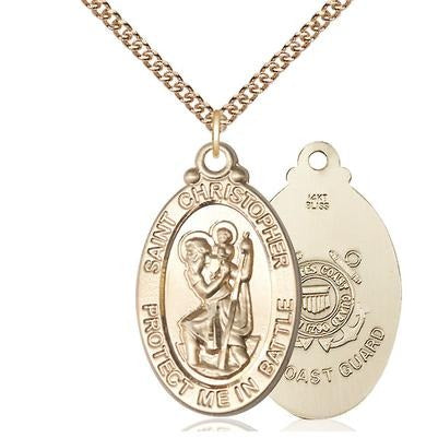 St. Christopher Coast Guard Medal Necklace - 14K Gold - 1-1/8 Inch Tall x 1-1/4 Inch Wide with 24" Chain