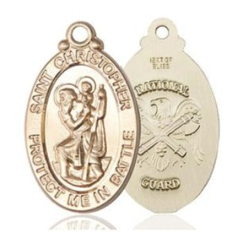 St. Christopher National Guard Medal - 14K Gold - 1-1/8 Inch Tall x 1-1/4 Inch Wide