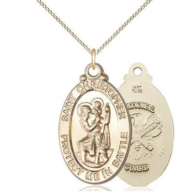 St. Christopher National Guard Medal Necklace - 14K Gold - 1-1/8 Inch Tall x 1-1/4 Inch Wide with 18" Chain