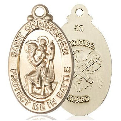 St. Christopher National Guard Medal Necklace - 14K Gold - 1-1/8 Inch Tall x 1-1/4 Inch Wide with 18" Chain