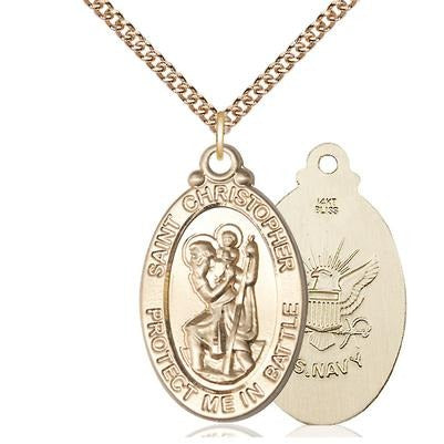 St. Christopher Navy Medal Necklace - 14K Gold - 1-1/8 Inch Tall x 1-1/4 Inch Wide with 24" Chain