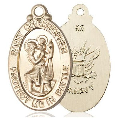 St. Christopher Navy Medal Necklace - 14K Gold - 1-1/8 Inch Tall x 1-1/4 Inch Wide with 24" Chain
