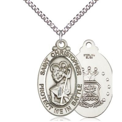 St. Christopher Air Force Medal Necklace - Sterling Silver - 1-1/8 Inch Tall x 1-1/4 Inch Wide with 24" Chain