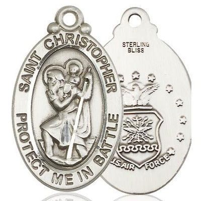 St. Christopher Air Force Medal Necklace - Sterling Silver - 1-1/8 Inch Tall x 1-1/4 Inch Wide with 24" Chain