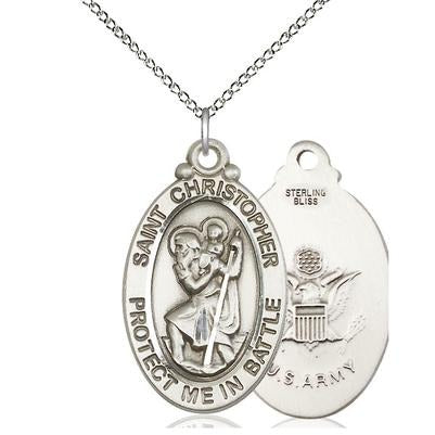 St. Christopher Army Medal Necklace - Sterling Silver - 1-1/4 Inch Tall x 1-1/4 Inch Wide with 18" Chain