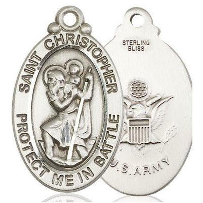St. Christopher Army Medal Necklace - Sterling Silver - 1-1/4 Inch Tall x 1-1/4 Inch Wide with 18" Chain