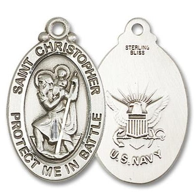 St. Christopher Navy Medal - Sterling Silver - 1-1/8 Inch Tall x 1-1/4 Inch Wide