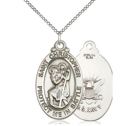 St. Christopher Navy Medal Necklace - Sterling Silver - 1-1/8 Inch Tall x 1-1/4 Inch Wide with 18" Chain