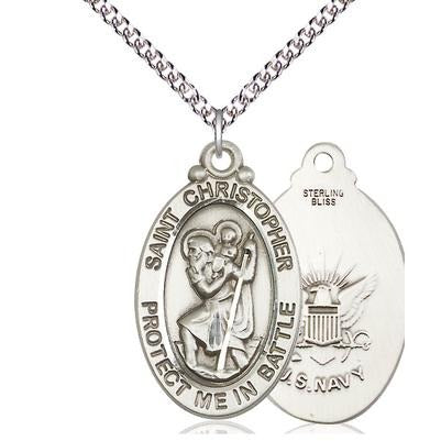 St. Christopher Navy Medal Necklace - Sterling Silver - 1-1/8 Inch Tall x 1-1/4 Inch Wide with 24" Chain