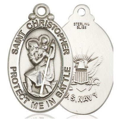 St. Christopher Navy Medal Necklace - Sterling Silver - 1-1/8 Inch Tall x 1-1/4 Inch Wide with 24" Chain