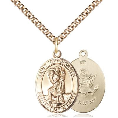 St. Christopher Army Medal Necklace - 14K Gold Filled - 3/4 Inch Tall x 1 Inch Wide with 24" Chain