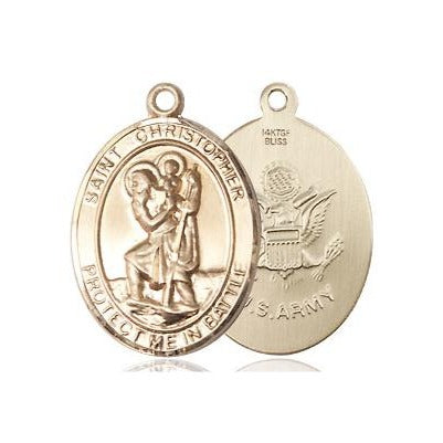 St. Christopher Army Medal Necklace - 14K Gold Filled - 3/4 Inch Tall x 1 Inch Wide with 24" Chain